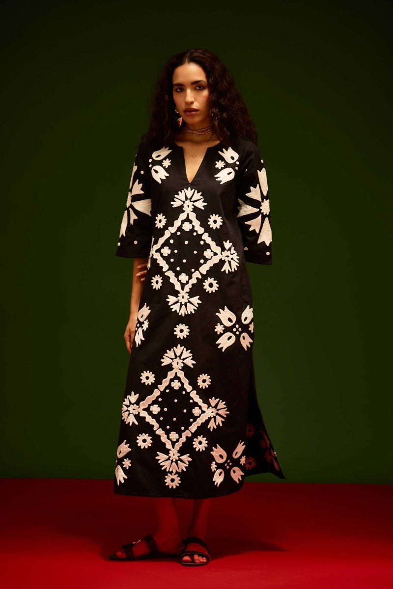 Black With Ivory Sitara Thread Embroidery Cotton Maxi Dress poplin Buy Black With Ivory Sitara Thread Embroidery Cotton Maxi Dress from C&W | Dresses for Women by Indian Summer Story in black color for women in Singapore
