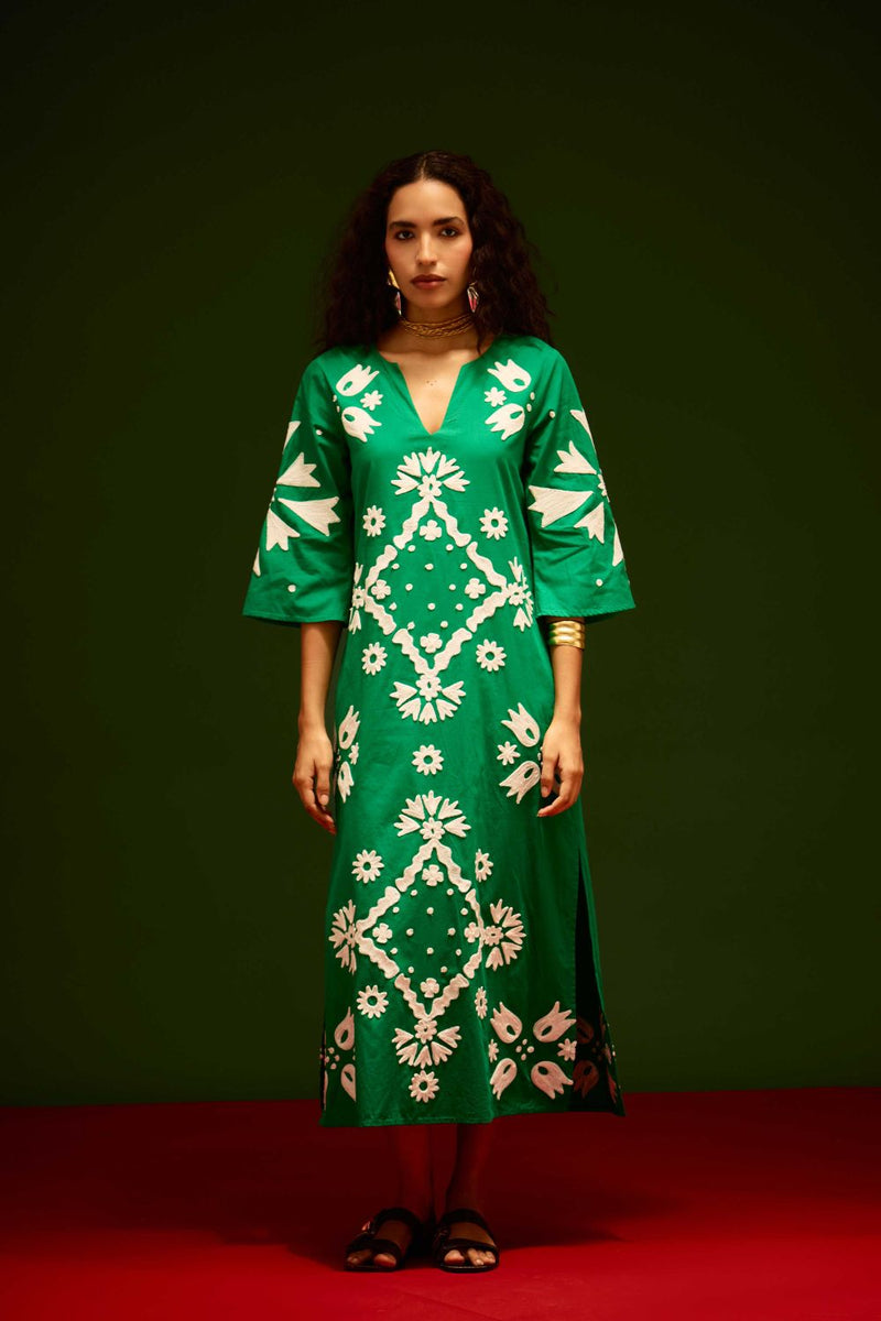 Avocado Green With Ivory Sitara Thread Embroidery Cotton Maxi Dress poplin Buy Avocado Green With Ivory Sitara Thread Embroidery Cotton Maxi Dress from C&W | Dresses for Women by Indian Summer Story in green color for women in Singapore