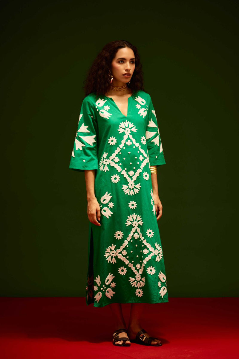 Avocado Green With Ivory Sitara Thread Embroidery Cotton Maxi Dress poplin Buy Avocado Green With Ivory Sitara Thread Embroidery Cotton Maxi Dress from C&W | Dresses for Women by Indian Summer Story in green color for women in Singapore