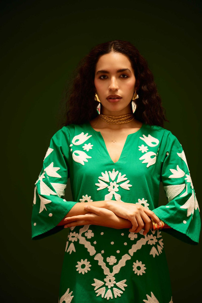 Avocado Green With Ivory Sitara Thread Embroidery Cotton Maxi Dress poplin Buy Avocado Green With Ivory Sitara Thread Embroidery Cotton Maxi Dress from C&W | Dresses for Women by Indian Summer Story in green color for women in Singapore