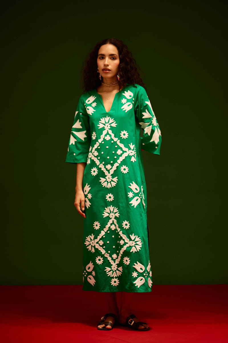 Avocado Green With Ivory Sitara Thread Embroidery Cotton Maxi Dress poplin Buy Avocado Green With Ivory Sitara Thread Embroidery Cotton Maxi Dress from C&W | Dresses for Women by Indian Summer Story in green color for women in Singapore