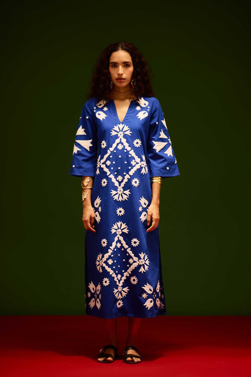 Blue With Ivory Sitara Thread Embroidery Cotton Maxi Dress poplin Buy Blue With Ivory Sitara Thread Embroidery Cotton Maxi Dress from C&W | Dresses for Women by Indian Summer Story in blue color for women in Singapore