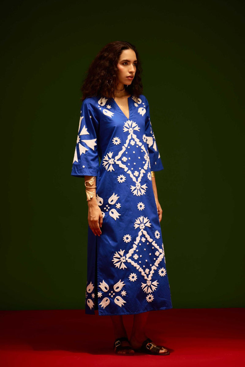 Blue With Ivory Sitara Thread Embroidery Cotton Maxi Dress poplin Buy Blue With Ivory Sitara Thread Embroidery Cotton Maxi Dress from C&W | Dresses for Women by Indian Summer Story in blue color for women in Singapore