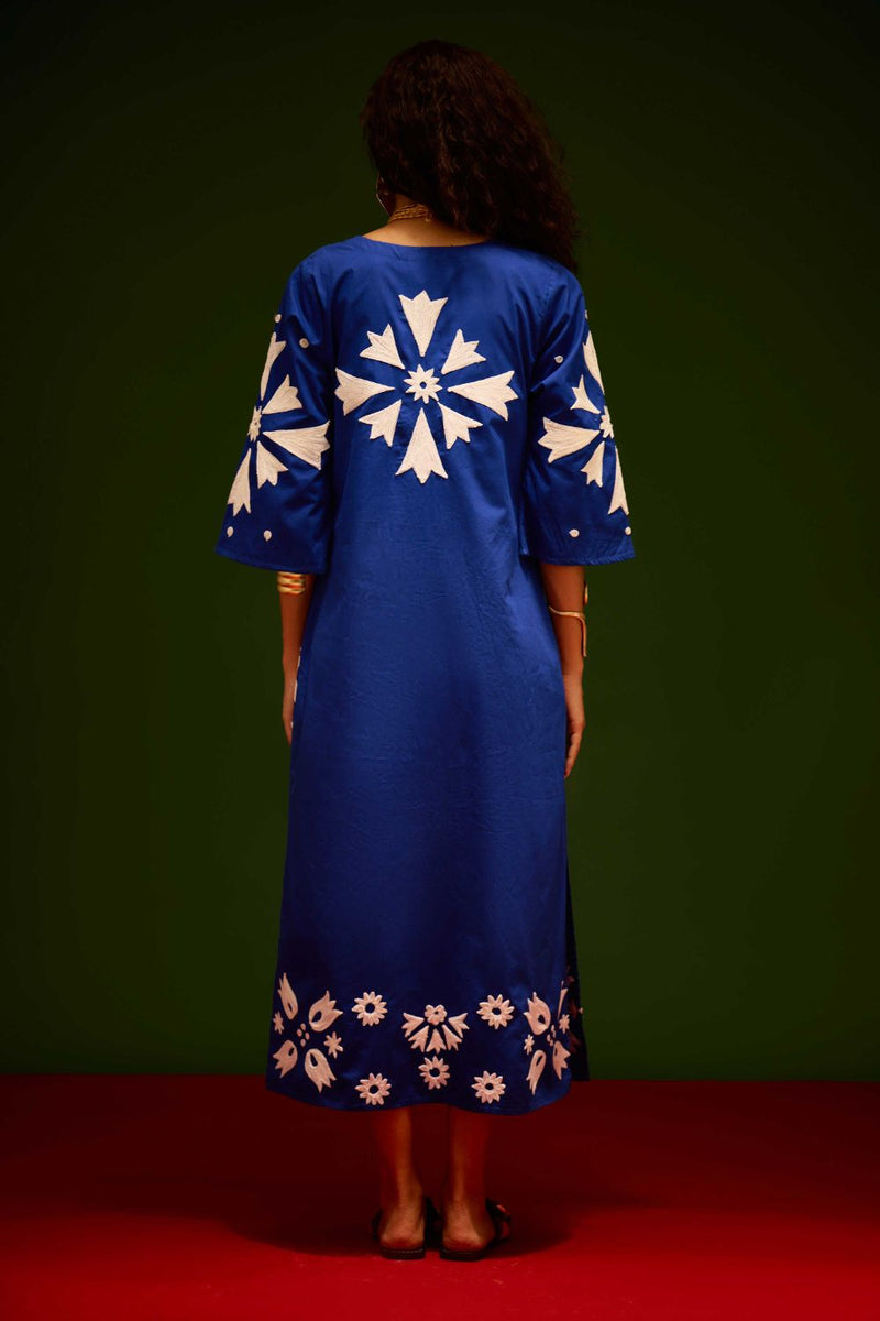 Blue With Ivory Sitara Thread Embroidery Cotton Maxi Dress poplin Buy Blue With Ivory Sitara Thread Embroidery Cotton Maxi Dress from C&W | Dresses for Women by Indian Summer Story in blue color for women in Singapore