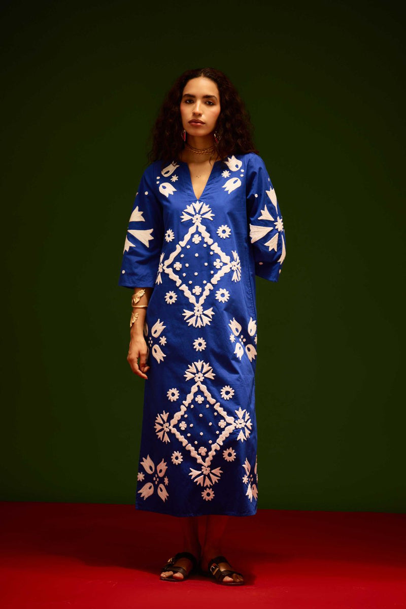 Blue With Ivory Sitara Thread Embroidery Cotton Maxi Dress poplin Buy Blue With Ivory Sitara Thread Embroidery Cotton Maxi Dress from C&W | Dresses for Women by Indian Summer Story in blue color for women in Singapore