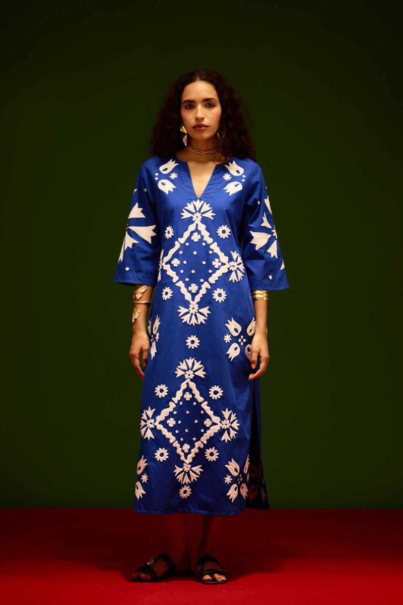 Blue With Ivory Sitara Thread Embroidery Cotton Maxi Dress poplin Buy Blue With Ivory Sitara Thread Embroidery Cotton Maxi Dress from C&W | Dresses for Women by Indian Summer Story in blue color for women in Singapore