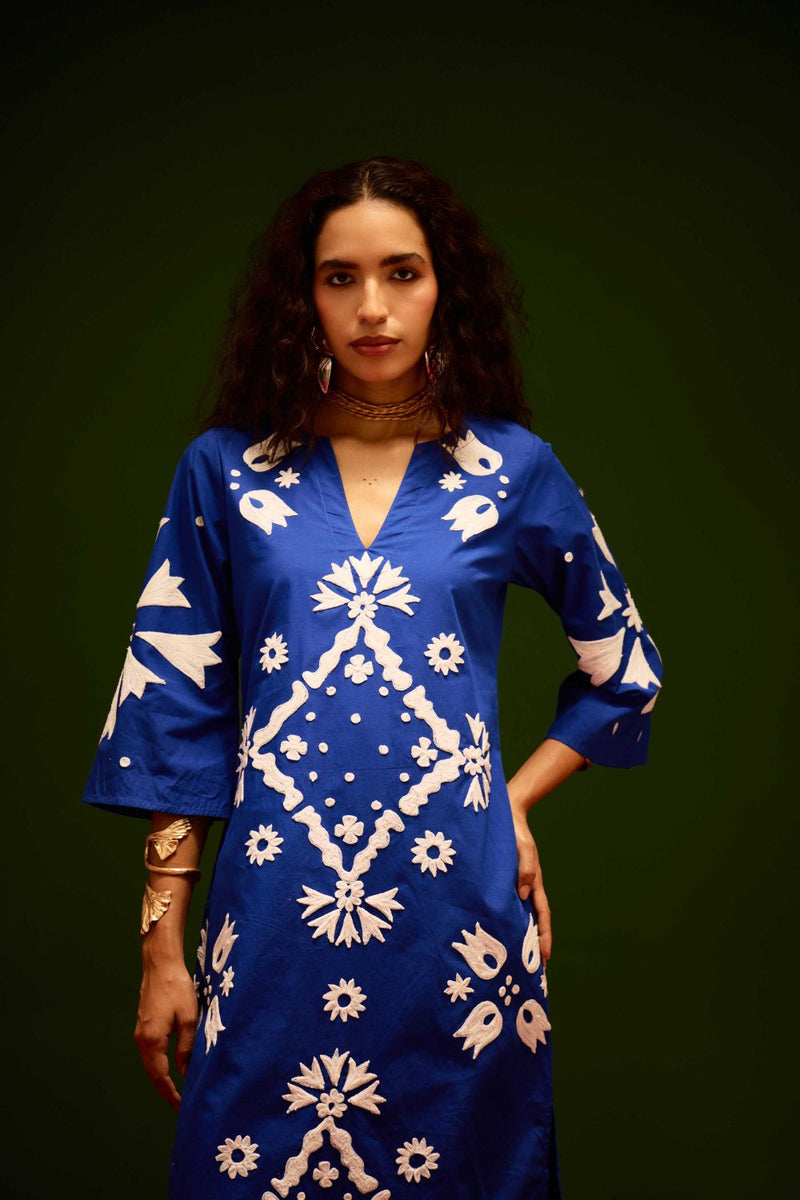 Blue With Ivory Sitara Thread Embroidery Cotton Maxi Dress poplin Buy Blue With Ivory Sitara Thread Embroidery Cotton Maxi Dress from C&W | Dresses for Women by Indian Summer Story in blue color for women in Singapore