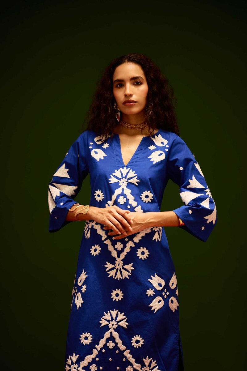 Blue With Ivory Sitara Thread Embroidery Cotton Maxi Dress poplin Buy Blue With Ivory Sitara Thread Embroidery Cotton Maxi Dress from C&W | Dresses for Women by Indian Summer Story in blue color for women in Singapore