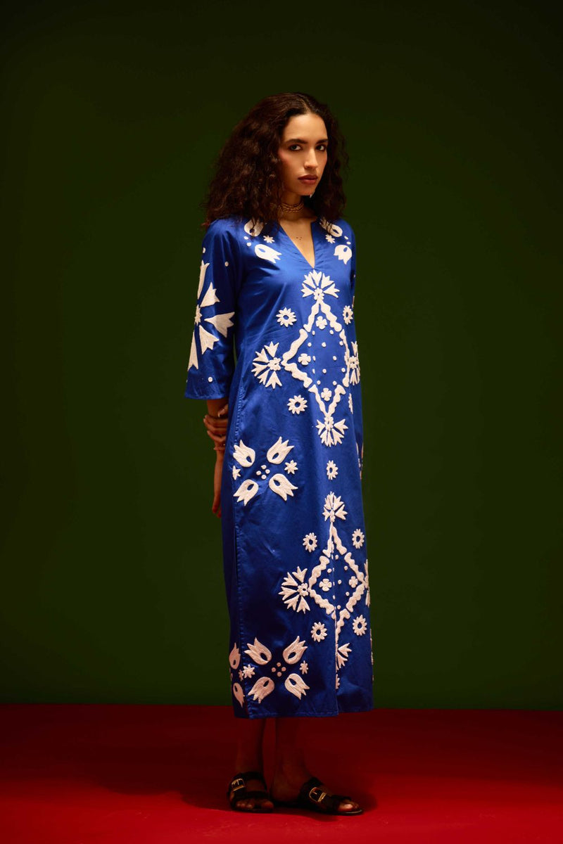 Blue With Ivory Sitara Thread Embroidery Cotton Maxi Dress poplin Buy Blue With Ivory Sitara Thread Embroidery Cotton Maxi Dress from C&W | Dresses for Women by Indian Summer Story in blue color for women in Singapore