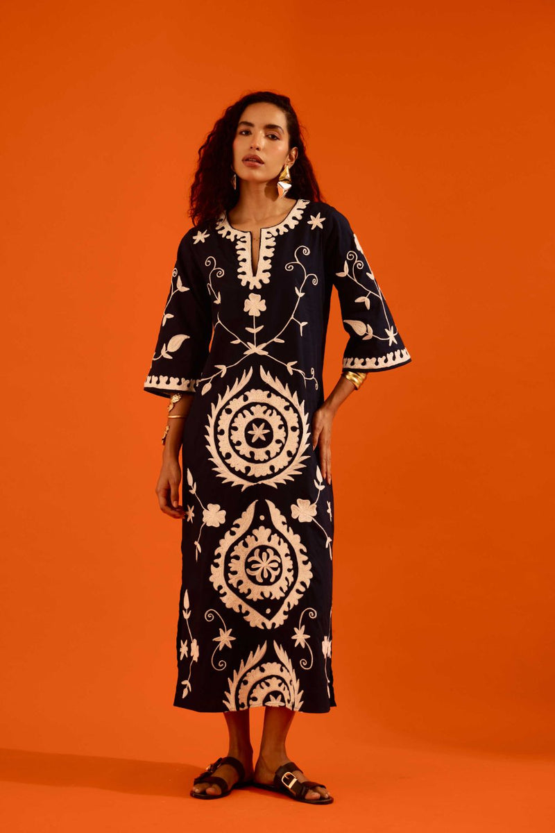 Midnight Cotton Maxi Dress With Ivory Wave Thread Embroidery poplin Buy Midnight Cotton Maxi Dress With Ivory Wave Thread Embroidery from C&W | Dresses for Women by Indian Summer Story in blue color for women in Singapore