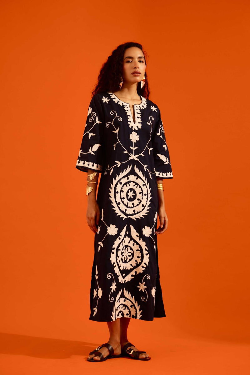Midnight Cotton Maxi Dress With Ivory Wave Thread Embroidery poplin Buy Midnight Cotton Maxi Dress With Ivory Wave Thread Embroidery from C&W | Dresses for Women by Indian Summer Story in blue color for women in Singapore