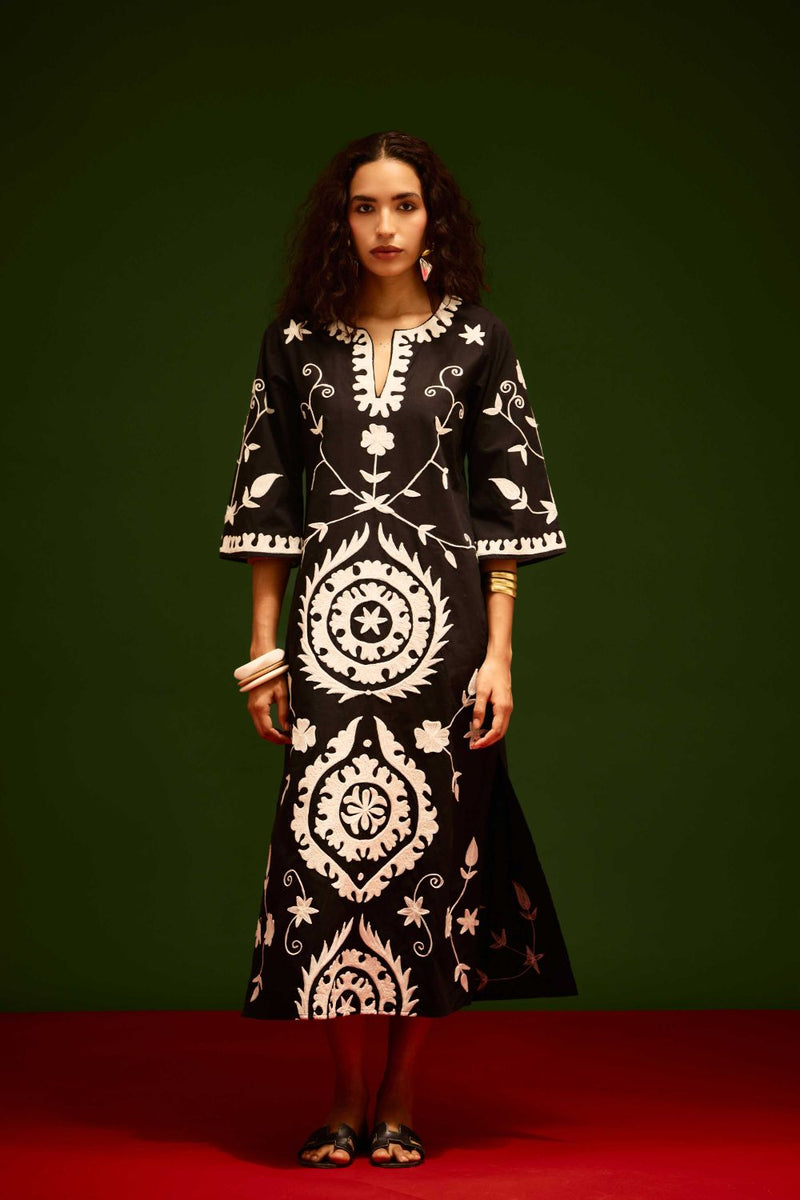 Black Cotton Maxi Dress With Ivory Wave Thread Embroidery poplin Buy Black Cotton Maxi Dress With Ivory Wave Thread Embroidery from C&W | Dresses for Women by Indian Summer Story in black color for women in Singapore