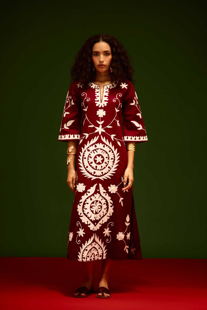 Burgundy Wine Cotton Maxi Dress With Ivory Wave Thread Embroidery poplin Buy Burgundy Wine Cotton Maxi Dress With Ivory Wave Thread Embroidery from C&W | Dresses for Women by Indian Summer Story for women in Singapore