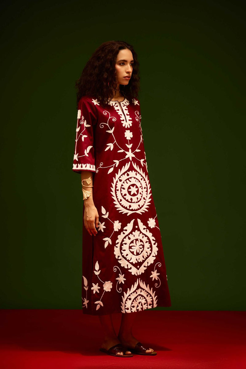 Burgundy Wine Cotton Maxi Dress With Ivory Wave Thread Embroidery poplin Buy Burgundy Wine Cotton Maxi Dress With Ivory Wave Thread Embroidery from C&W | Dresses for Women by Indian Summer Story for women in Singapore