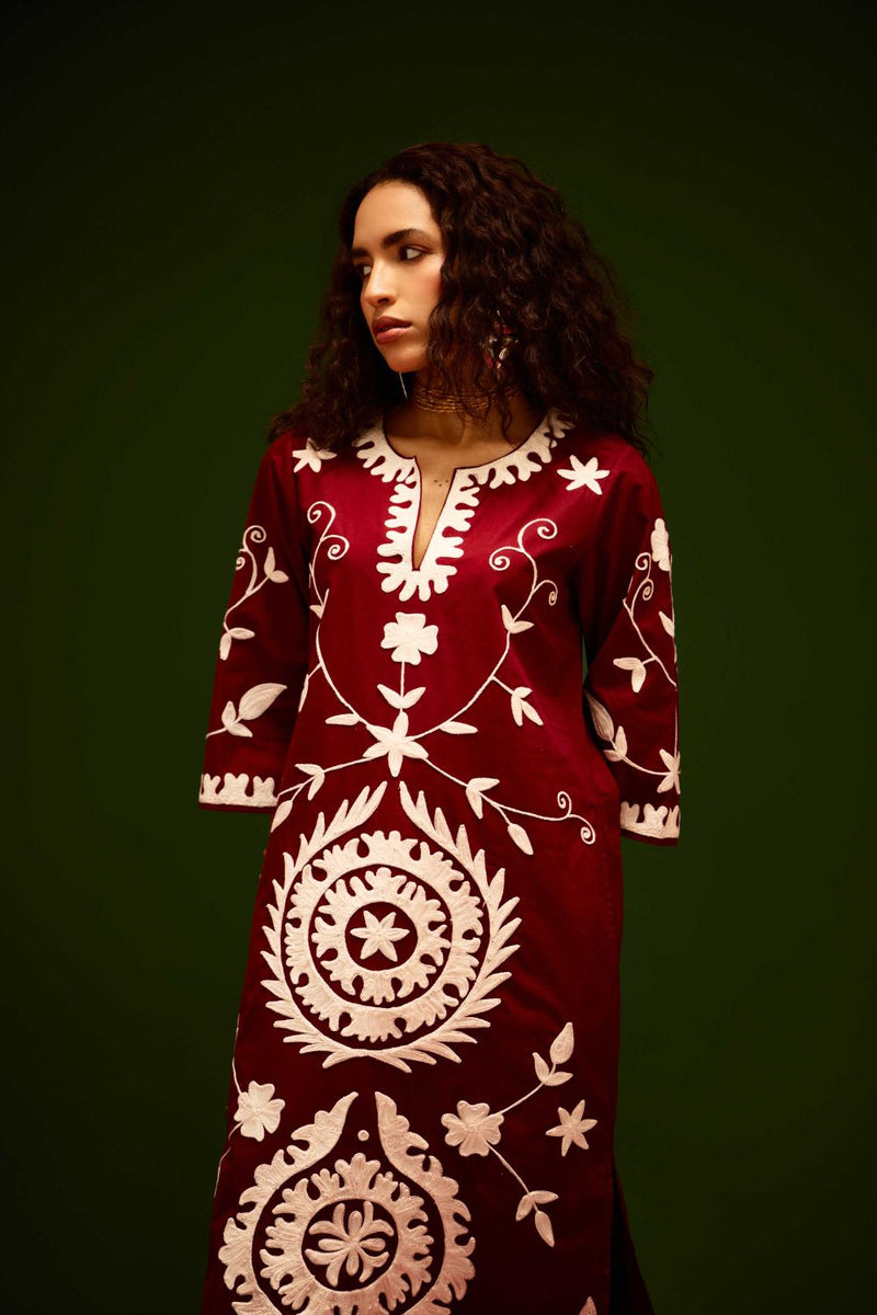 Burgundy Wine Cotton Maxi Dress With Ivory Wave Thread Embroidery poplin Buy Burgundy Wine Cotton Maxi Dress With Ivory Wave Thread Embroidery from C&W | Dresses for Women by Indian Summer Story for women in Singapore