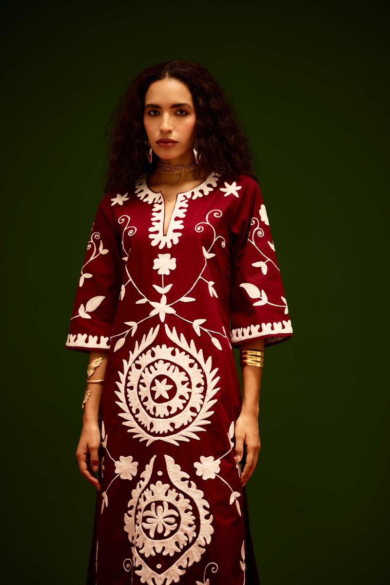 Burgundy Wine Cotton Maxi Dress With Ivory Wave Thread Embroidery poplin Buy Burgundy Wine Cotton Maxi Dress With Ivory Wave Thread Embroidery from C&W | Dresses for Women by Indian Summer Story for women in Singapore