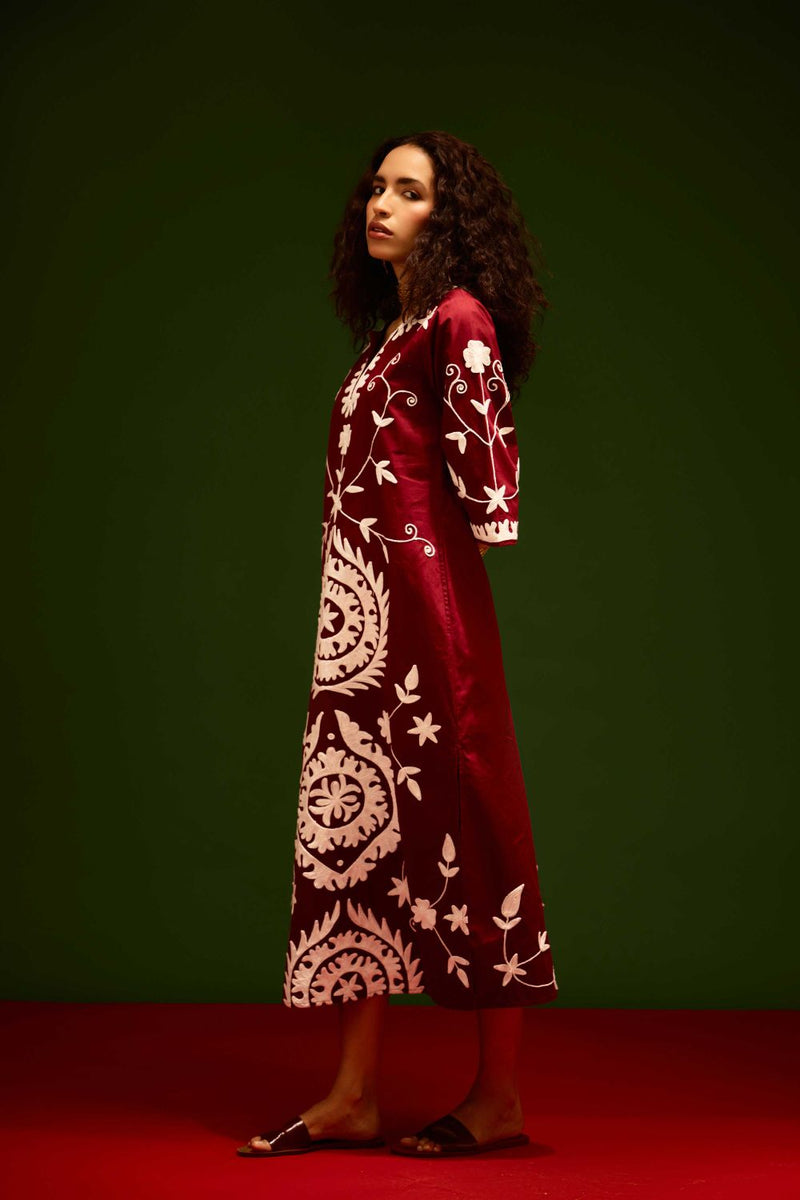 Burgundy Wine Cotton Maxi Dress With Ivory Wave Thread Embroidery poplin Buy Burgundy Wine Cotton Maxi Dress With Ivory Wave Thread Embroidery from C&W | Dresses for Women by Indian Summer Story for women in Singapore