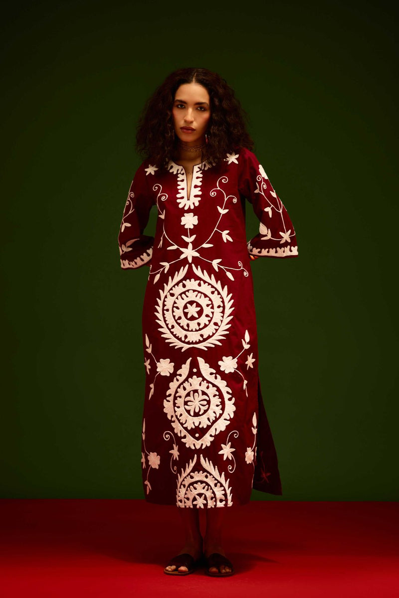 Burgundy Wine Cotton Maxi Dress With Ivory Wave Thread Embroidery poplin Buy Burgundy Wine Cotton Maxi Dress With Ivory Wave Thread Embroidery from C&W | Dresses for Women by Indian Summer Story for women in Singapore