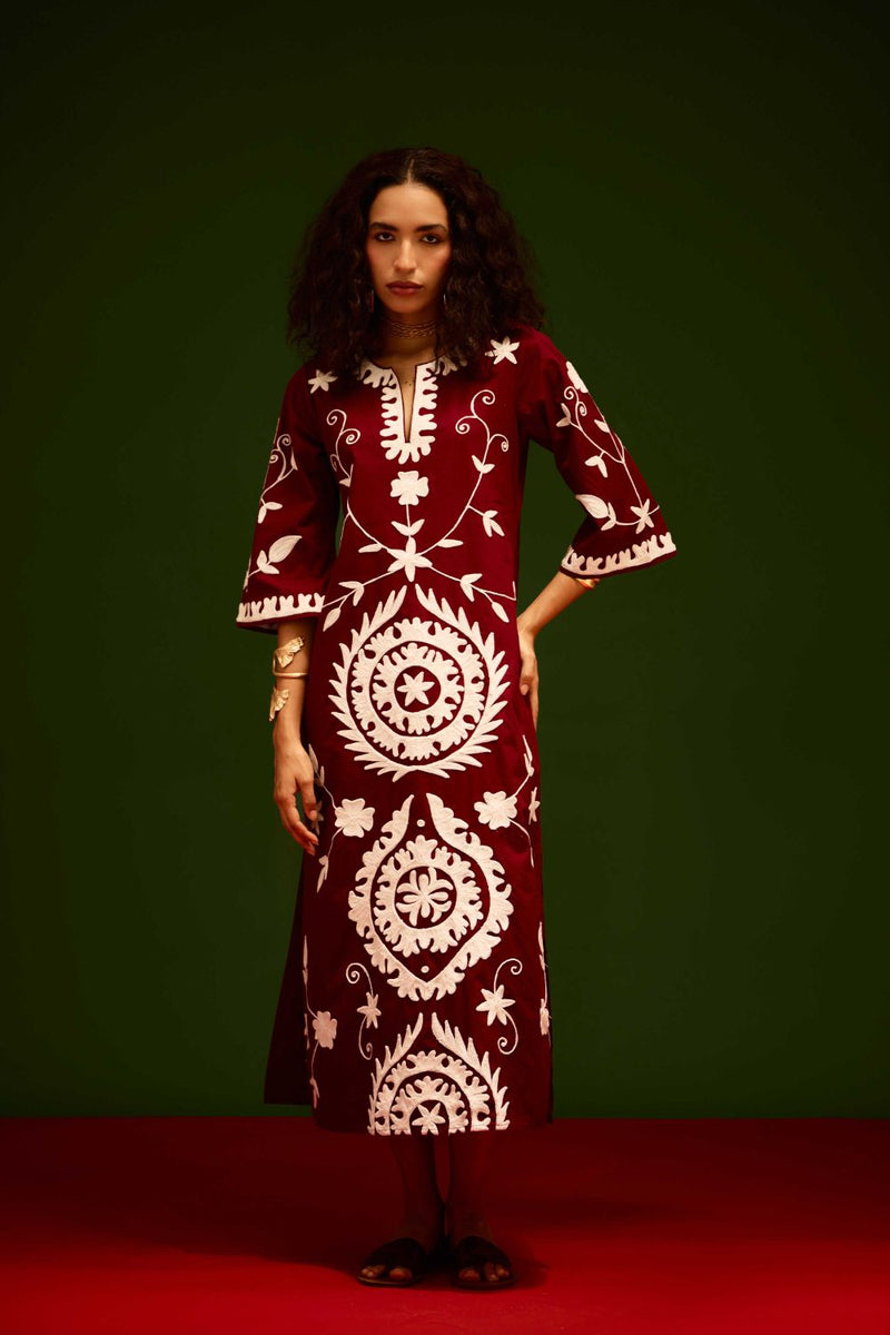 Burgundy Wine Cotton Maxi Dress With Ivory Wave Thread Embroidery poplin Buy Burgundy Wine Cotton Maxi Dress With Ivory Wave Thread Embroidery from C&W | Dresses for Women by Indian Summer Story for women in Singapore