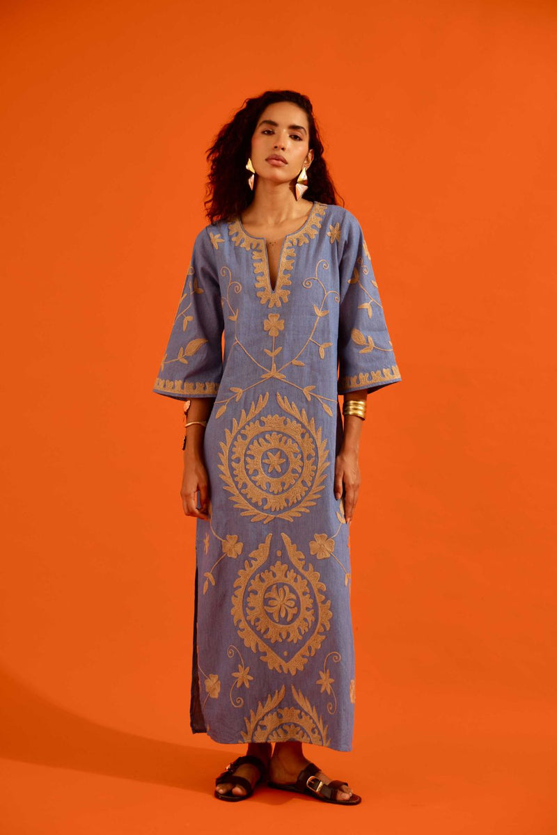 Denim Blue Cotton Maxi Dress With Natural Wave Thread Embroidery Buy Denim Blue Cotton Maxi Dress With Natural Wave Thread Embroidery from C&W | Dresses for Women by Indian Summer Story in blue color for women in Singapore