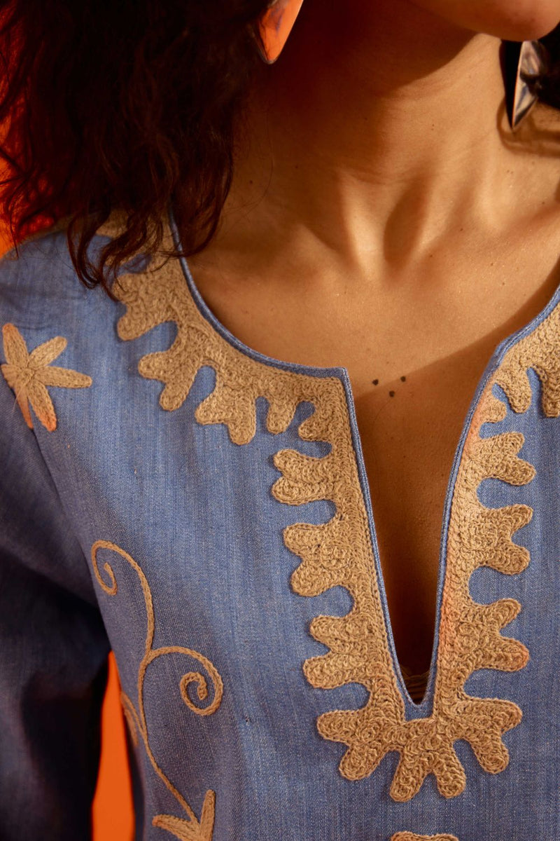 Denim Blue Cotton Maxi Dress With Natural Wave Thread Embroidery Buy Denim Blue Cotton Maxi Dress With Natural Wave Thread Embroidery from C&W | Dresses for Women by Indian Summer Story in blue color for women in Singapore