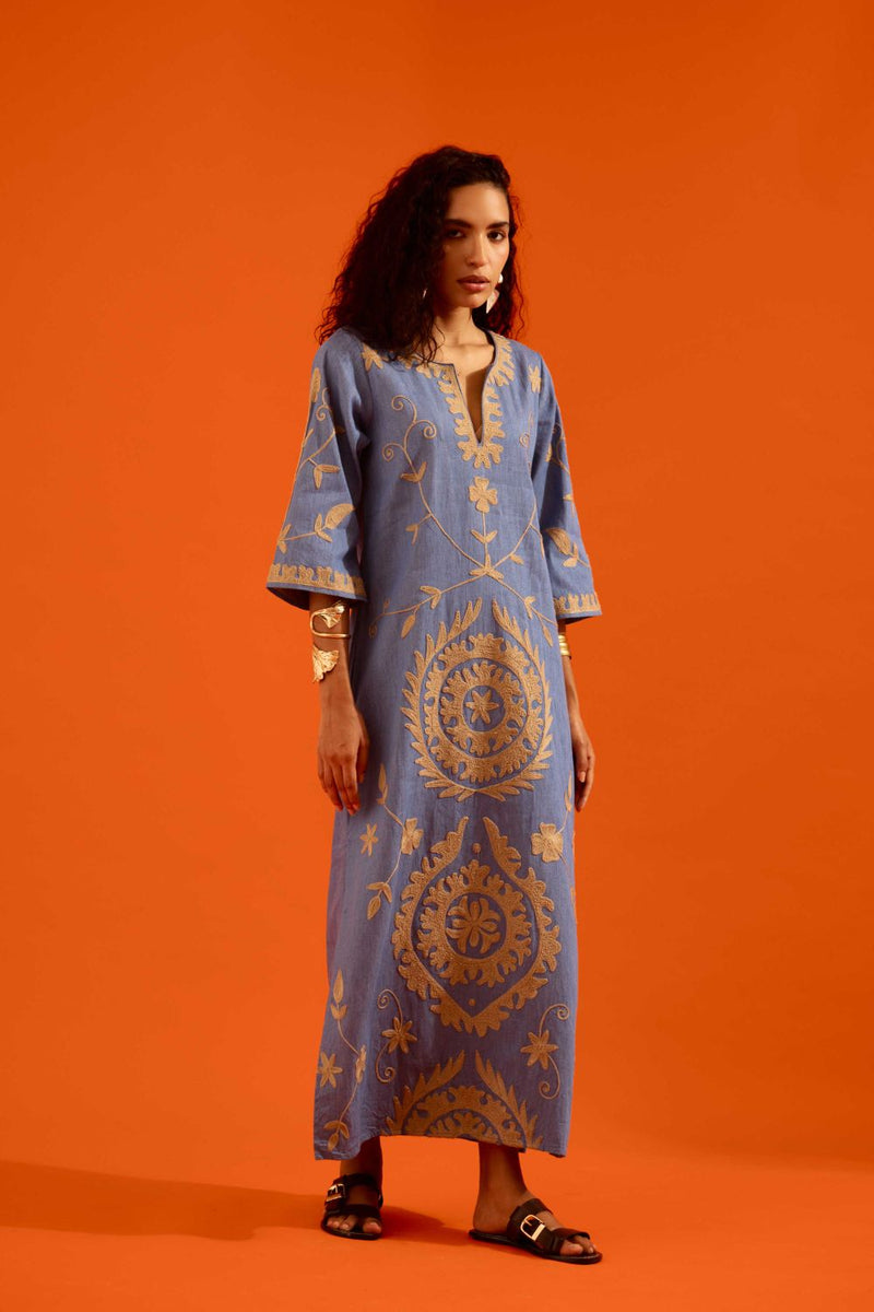 Denim Blue Cotton Maxi Dress With Natural Wave Thread Embroidery Buy Denim Blue Cotton Maxi Dress With Natural Wave Thread Embroidery from C&W | Dresses for Women by Indian Summer Story in blue color for women in Singapore