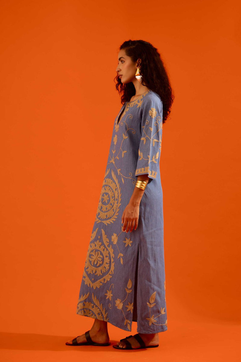 Denim Blue Cotton Maxi Dress With Natural Wave Thread Embroidery Buy Denim Blue Cotton Maxi Dress With Natural Wave Thread Embroidery from C&W | Dresses for Women by Indian Summer Story in blue color for women in Singapore