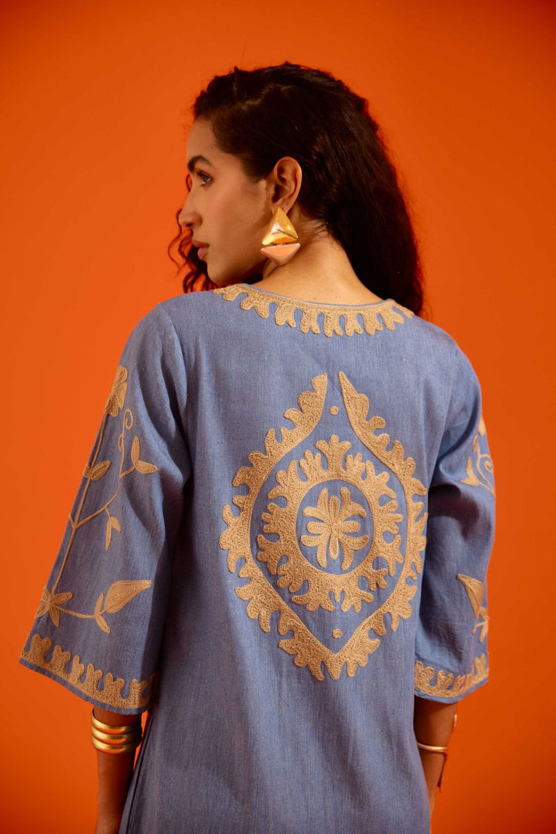 Denim Blue Cotton Maxi Dress With Natural Wave Thread Embroidery Buy Denim Blue Cotton Maxi Dress With Natural Wave Thread Embroidery from C&W | Dresses for Women by Indian Summer Story in blue color for women in Singapore