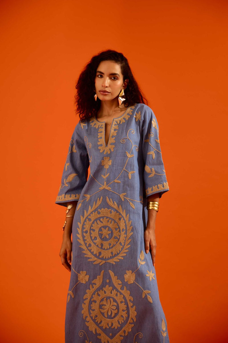 Denim Blue Cotton Maxi Dress With Natural Wave Thread Embroidery Buy Denim Blue Cotton Maxi Dress With Natural Wave Thread Embroidery from C&W | Dresses for Women by Indian Summer Story in blue color for women in Singapore