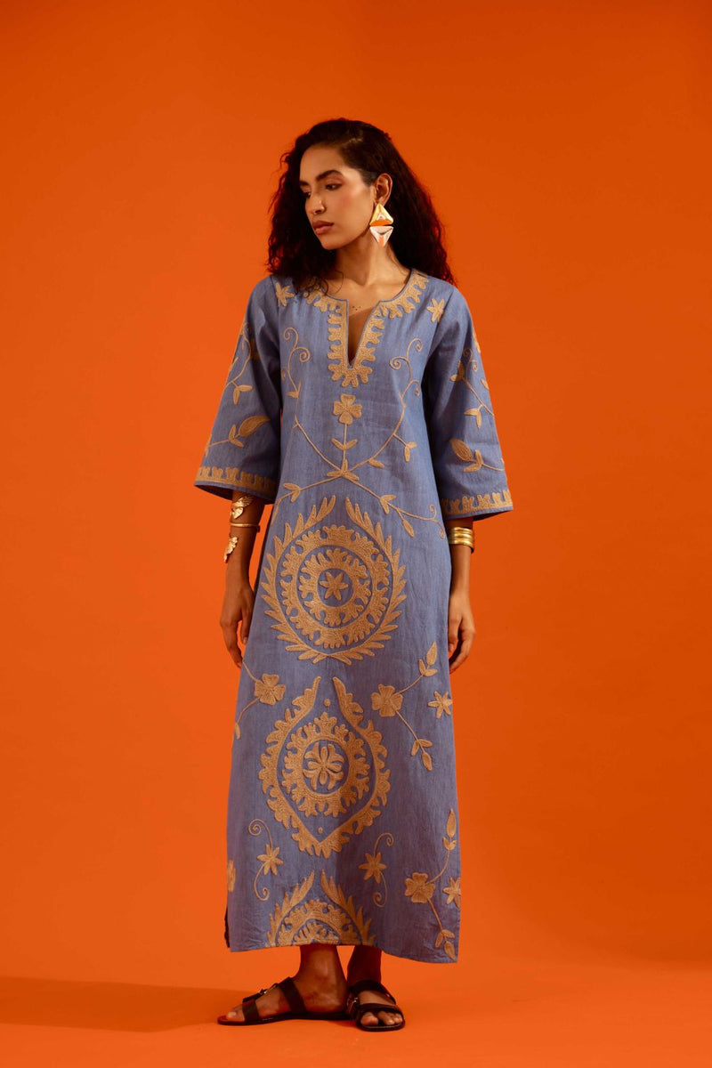 Denim Blue Cotton Maxi Dress With Natural Wave Thread Embroidery Buy Denim Blue Cotton Maxi Dress With Natural Wave Thread Embroidery from C&W | Dresses for Women by Indian Summer Story in blue color for women in Singapore