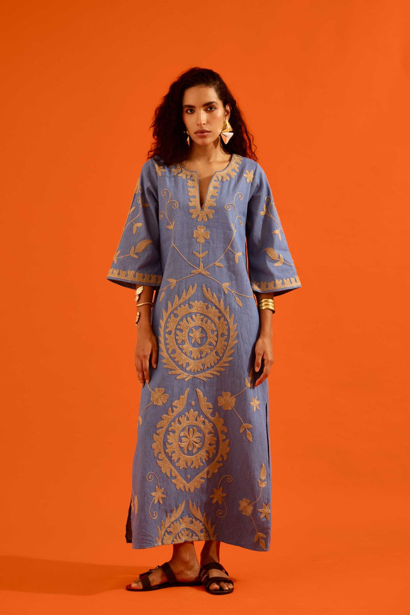 Denim Blue Cotton Maxi Dress With Natural Wave Thread Embroidery Buy Denim Blue Cotton Maxi Dress With Natural Wave Thread Embroidery from C&W | Dresses for Women by Indian Summer Story in blue color for women in Singapore