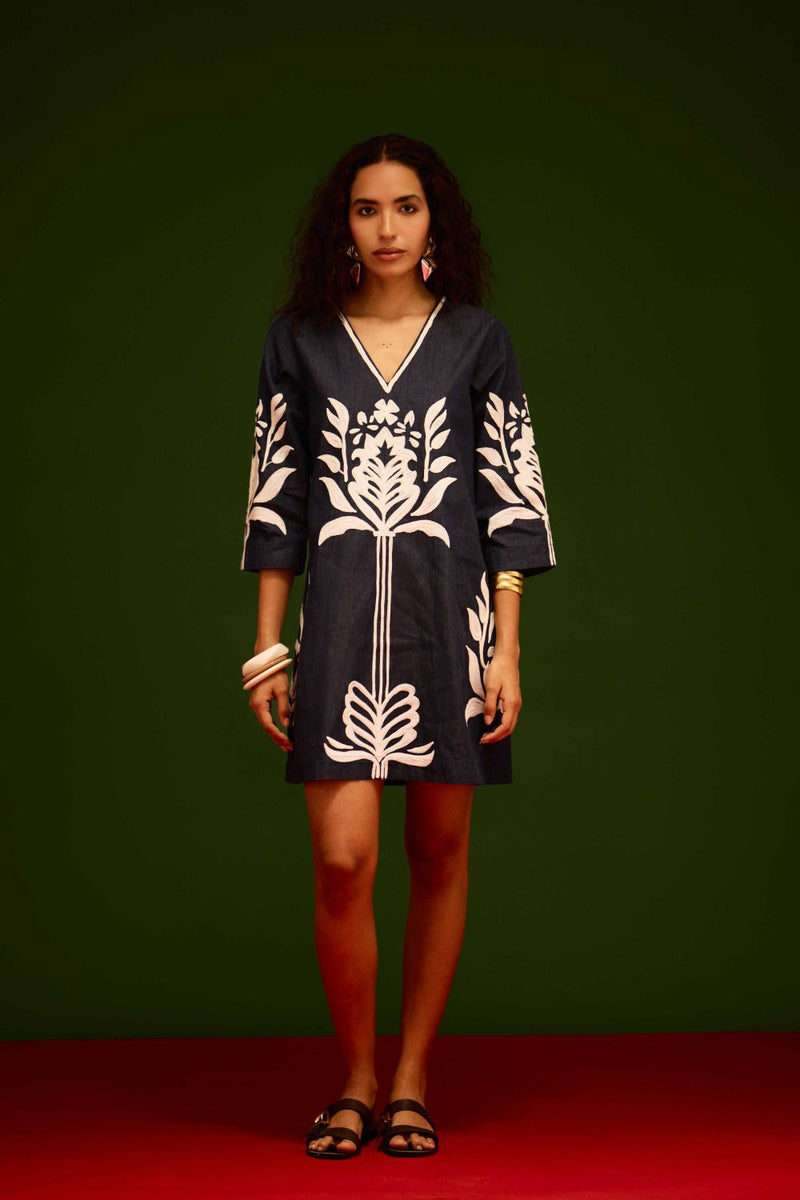 Blue Denim Shift Dress With Ivory Tulip Thread Embroidery Buy Blue Denim Shift Dress With Ivory Tulip Thread Embroidery from C&W | Dresses for Women by Indian Summer Story in blue color for women in Singapore