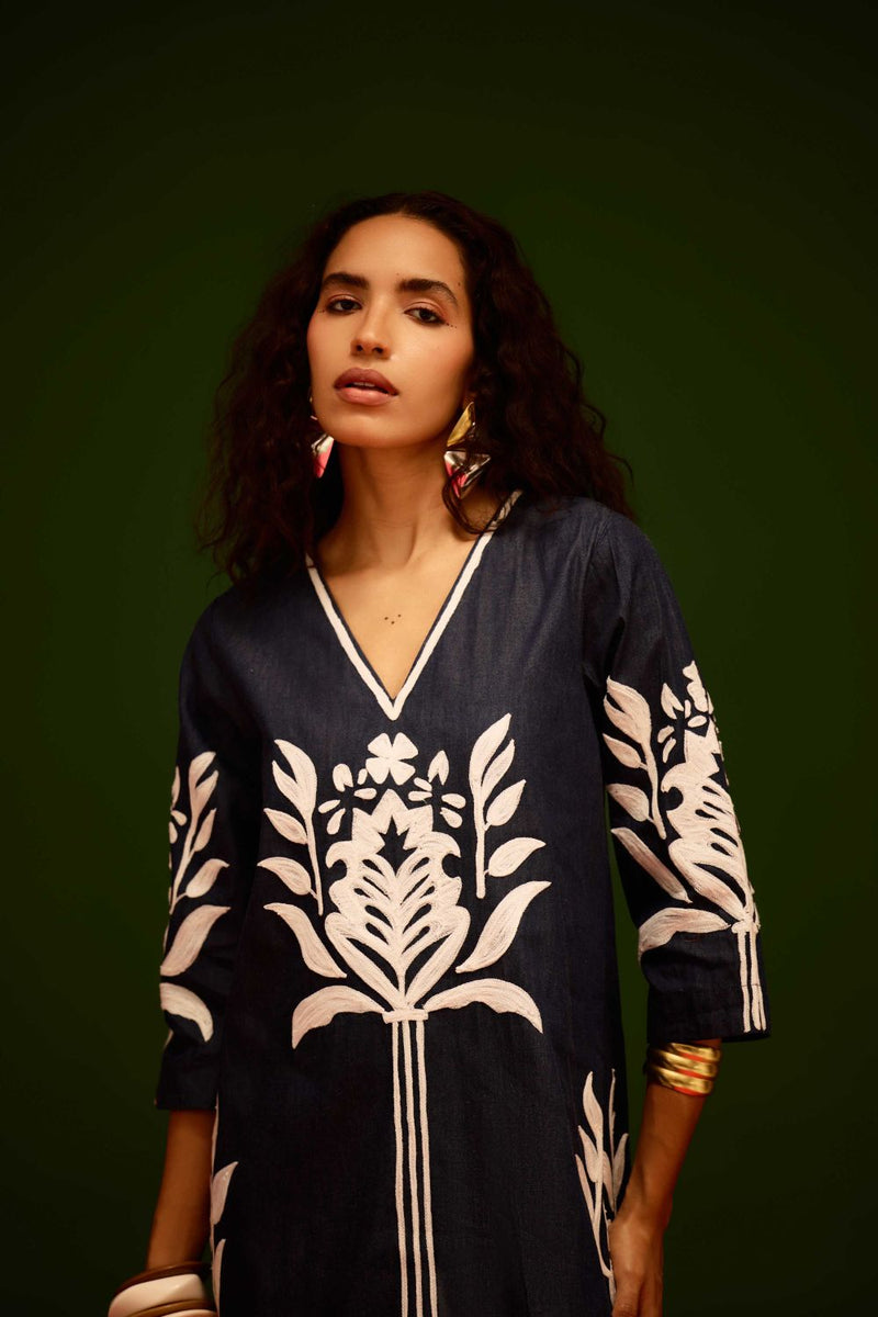 Blue Denim Shift Dress With Ivory Tulip Thread Embroidery Buy Blue Denim Shift Dress With Ivory Tulip Thread Embroidery from C&W | Dresses for Women by Indian Summer Story in blue color for women in Singapore