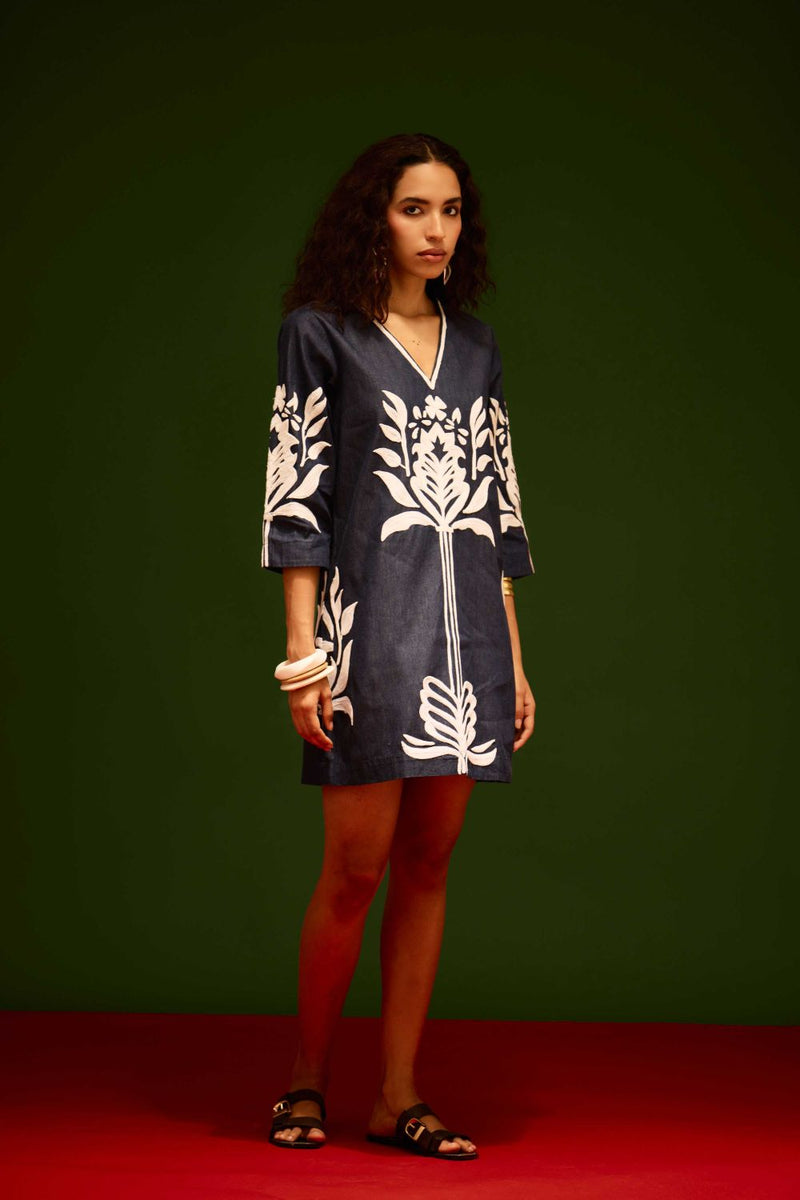Blue Denim Shift Dress With Ivory Tulip Thread Embroidery Buy Blue Denim Shift Dress With Ivory Tulip Thread Embroidery from C&W | Dresses for Women by Indian Summer Story in blue color for women in Singapore