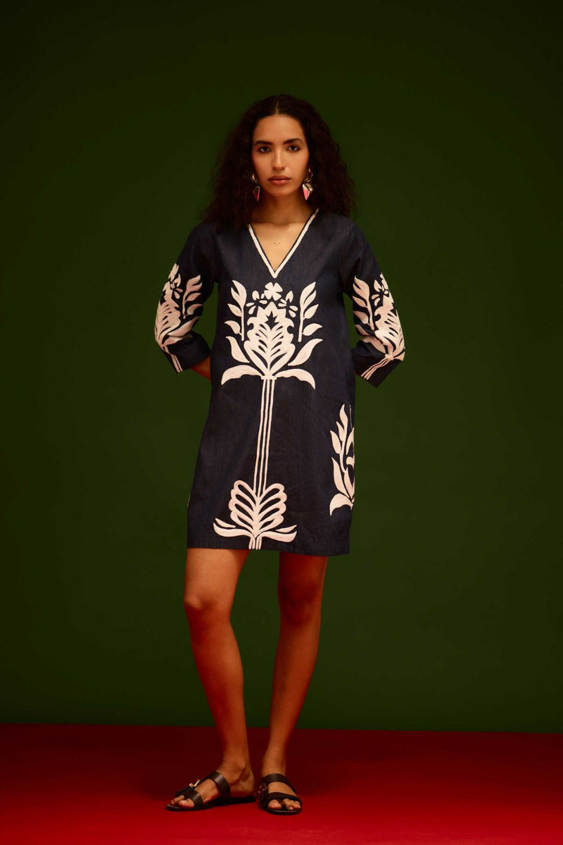 Blue Denim Shift Dress With Ivory Tulip Thread Embroidery Buy Blue Denim Shift Dress With Ivory Tulip Thread Embroidery from C&W | Dresses for Women by Indian Summer Story in blue color for women in Singapore