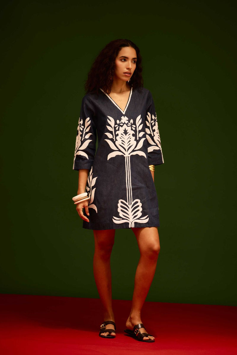 Blue Denim Shift Dress With Ivory Tulip Thread Embroidery Buy Blue Denim Shift Dress With Ivory Tulip Thread Embroidery from C&W | Dresses for Women by Indian Summer Story in blue color for women in Singapore