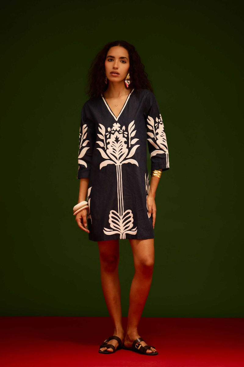 Blue Denim Shift Dress With Ivory Tulip Thread Embroidery Buy Blue Denim Shift Dress With Ivory Tulip Thread Embroidery from C&W | Dresses for Women by Indian Summer Story in blue color for women in Singapore