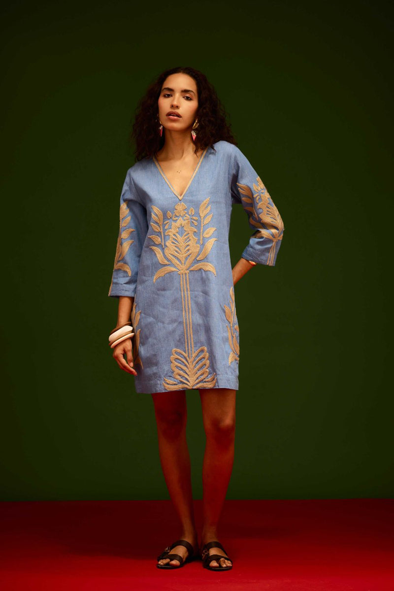 Denim Blue Cotton Shift Dress With Natural Tulip Thread Embroidery Buy Denim Blue Cotton Shift Dress With Natural Tulip Thread Embroidery from C&W | Dresses for Women by Indian Summer Story in blue color for women in Singapore
