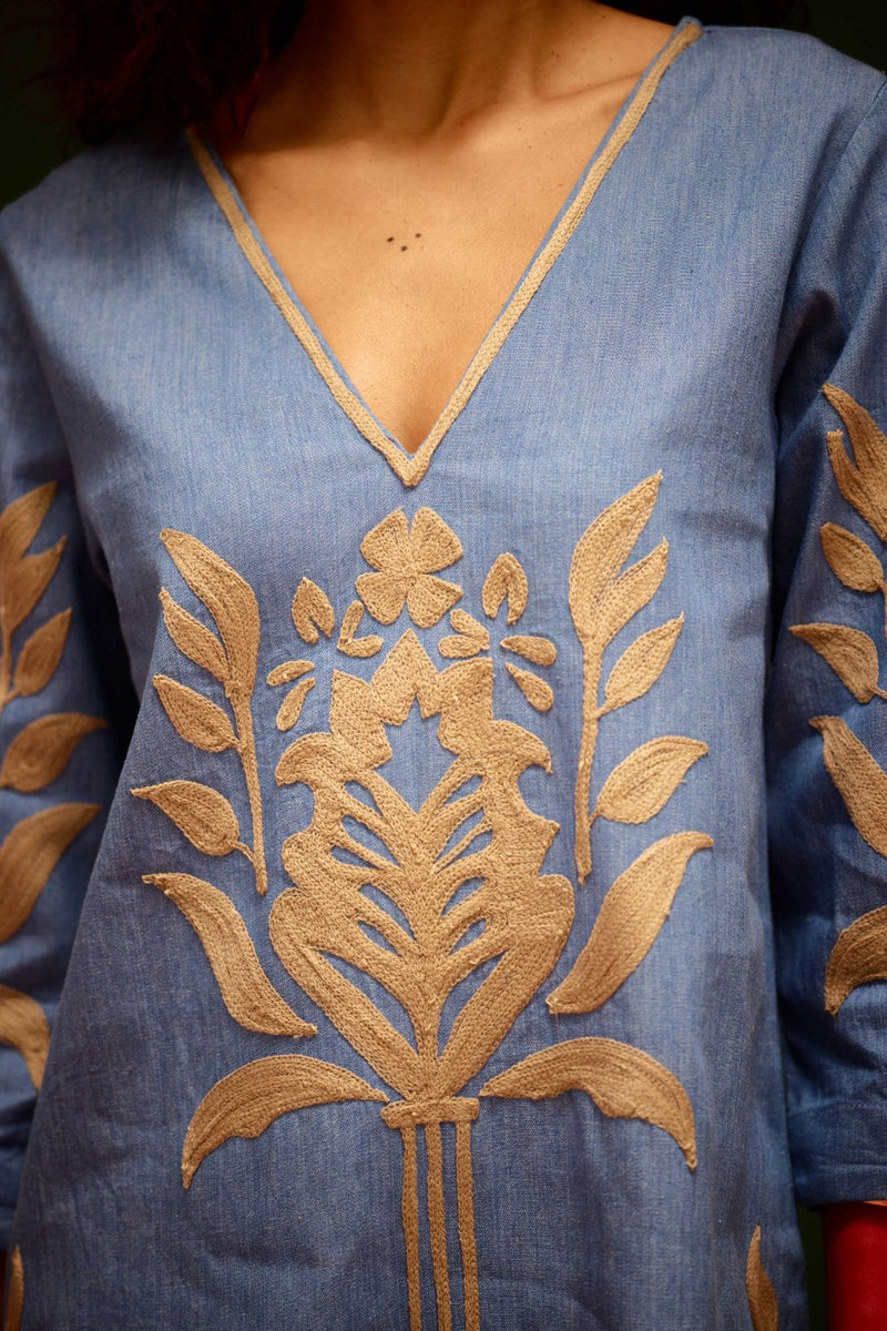 Denim Blue Cotton Shift Dress With Natural Tulip Thread Embroidery Buy Denim Blue Cotton Shift Dress With Natural Tulip Thread Embroidery from C&W | Dresses for Women by Indian Summer Story in blue color for women in Singapore