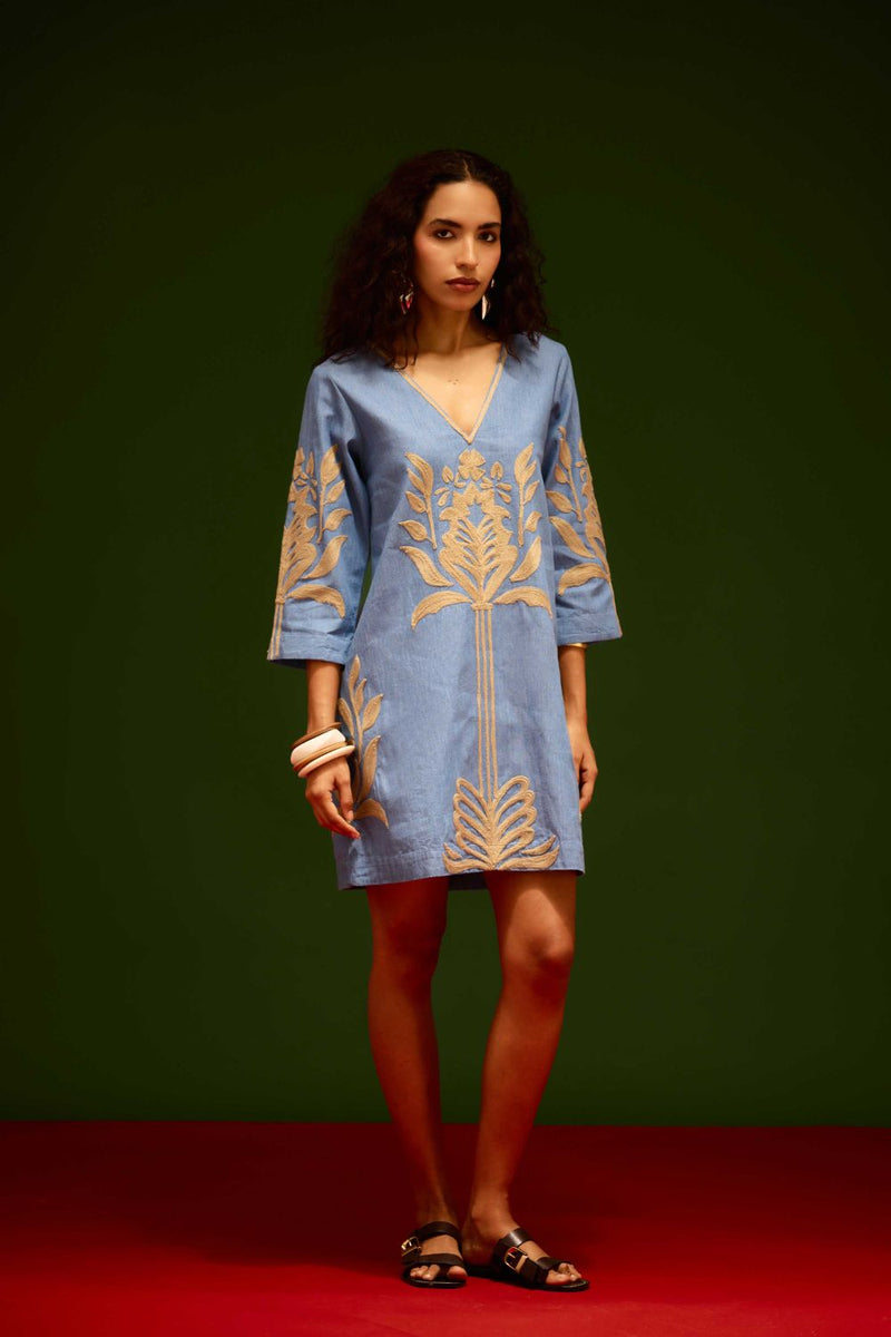 Denim Blue Cotton Shift Dress With Natural Tulip Thread Embroidery Buy Denim Blue Cotton Shift Dress With Natural Tulip Thread Embroidery from C&W | Dresses for Women by Indian Summer Story in blue color for women in Singapore