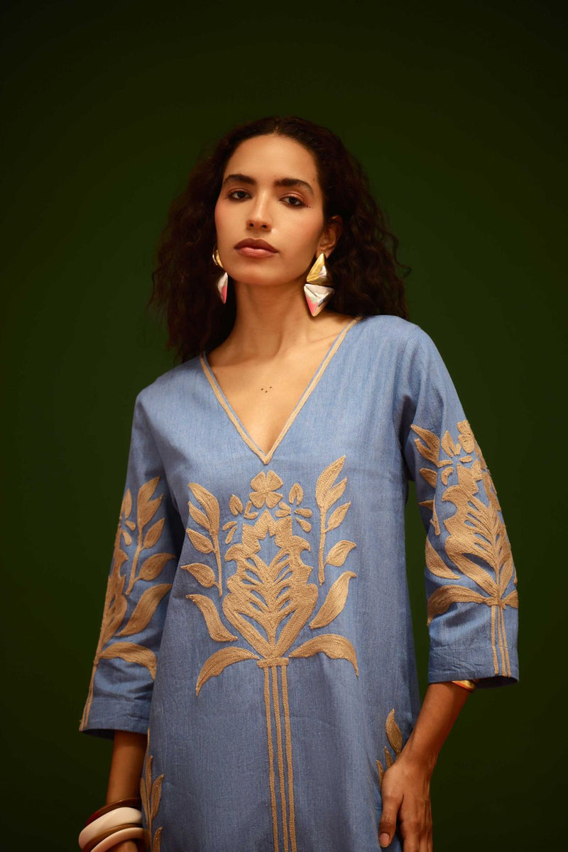 Denim Blue Cotton Shift Dress With Natural Tulip Thread Embroidery Buy Denim Blue Cotton Shift Dress With Natural Tulip Thread Embroidery from C&W | Dresses for Women by Indian Summer Story in blue color for women in Singapore