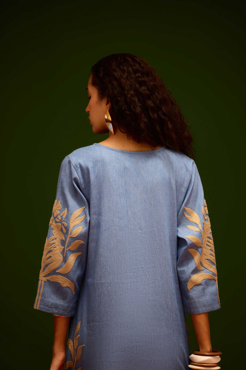 Denim Blue Cotton Shift Dress With Natural Tulip Thread Embroidery Buy Denim Blue Cotton Shift Dress With Natural Tulip Thread Embroidery from C&W | Dresses for Women by Indian Summer Story in blue color for women in Singapore