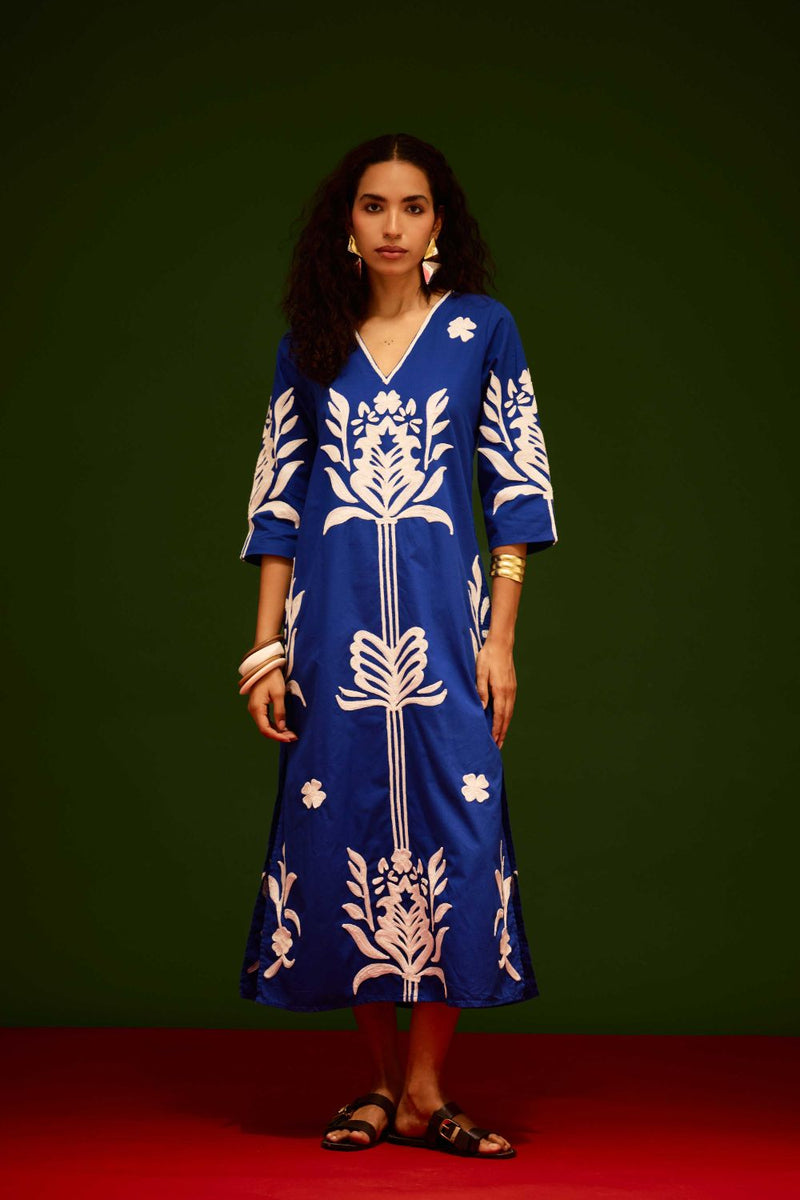 Blue Cotton Maxi Dress With Ivory Tulip Thread Embroidery poplin Buy Blue Cotton Maxi Dress With Ivory Tulip Thread Embroidery from C&W | Dresses for Women by Indian Summer Story in blue color for women in Singapore