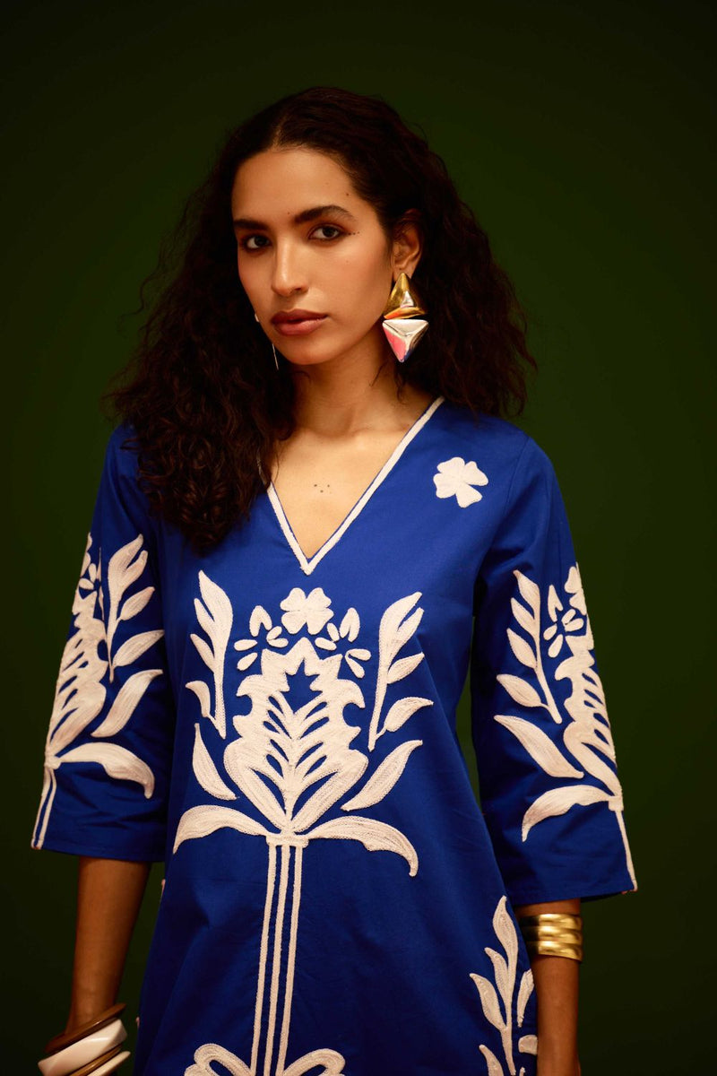 Blue Cotton Maxi Dress With Ivory Tulip Thread Embroidery poplin Buy Blue Cotton Maxi Dress With Ivory Tulip Thread Embroidery from C&W | Dresses for Women by Indian Summer Story in blue color for women in Singapore