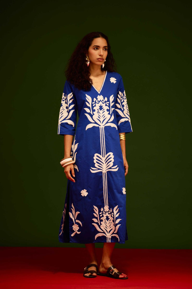 Blue Cotton Maxi Dress With Ivory Tulip Thread Embroidery poplin Buy Blue Cotton Maxi Dress With Ivory Tulip Thread Embroidery from C&W | Dresses for Women by Indian Summer Story in blue color for women in Singapore