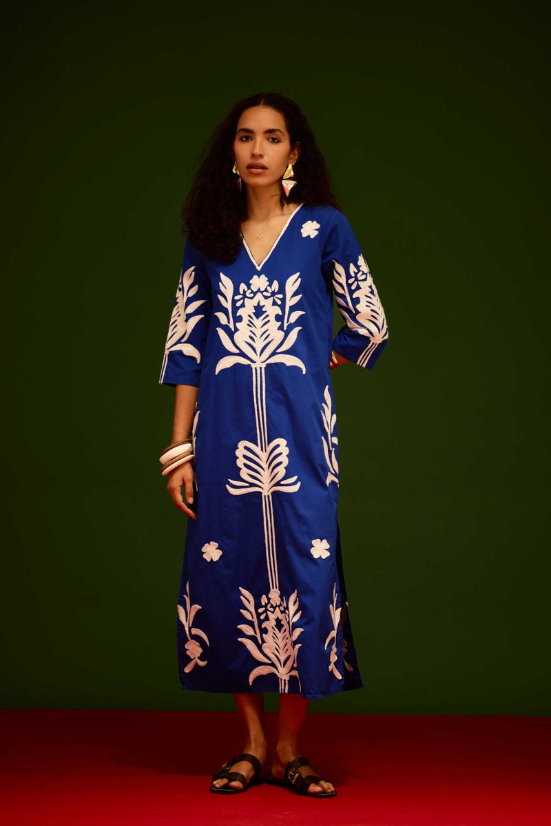 Blue Cotton Maxi Dress With Ivory Tulip Thread Embroidery poplin Buy Blue Cotton Maxi Dress With Ivory Tulip Thread Embroidery from C&W | Dresses for Women by Indian Summer Story in blue color for women in Singapore
