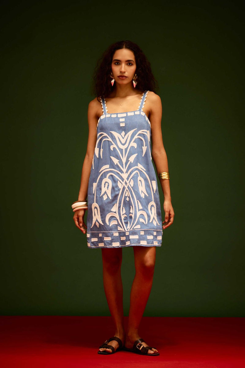 Denim Blue Strappy Cotton Shift Dress With Ivory Garden Thread Embroidery Buy Denim Blue Strappy Cotton Shift Dress With Ivory Garden Thread Embroidery from C&W | Dresses for Women by Indian Summer Story in blue color for women in Singapore