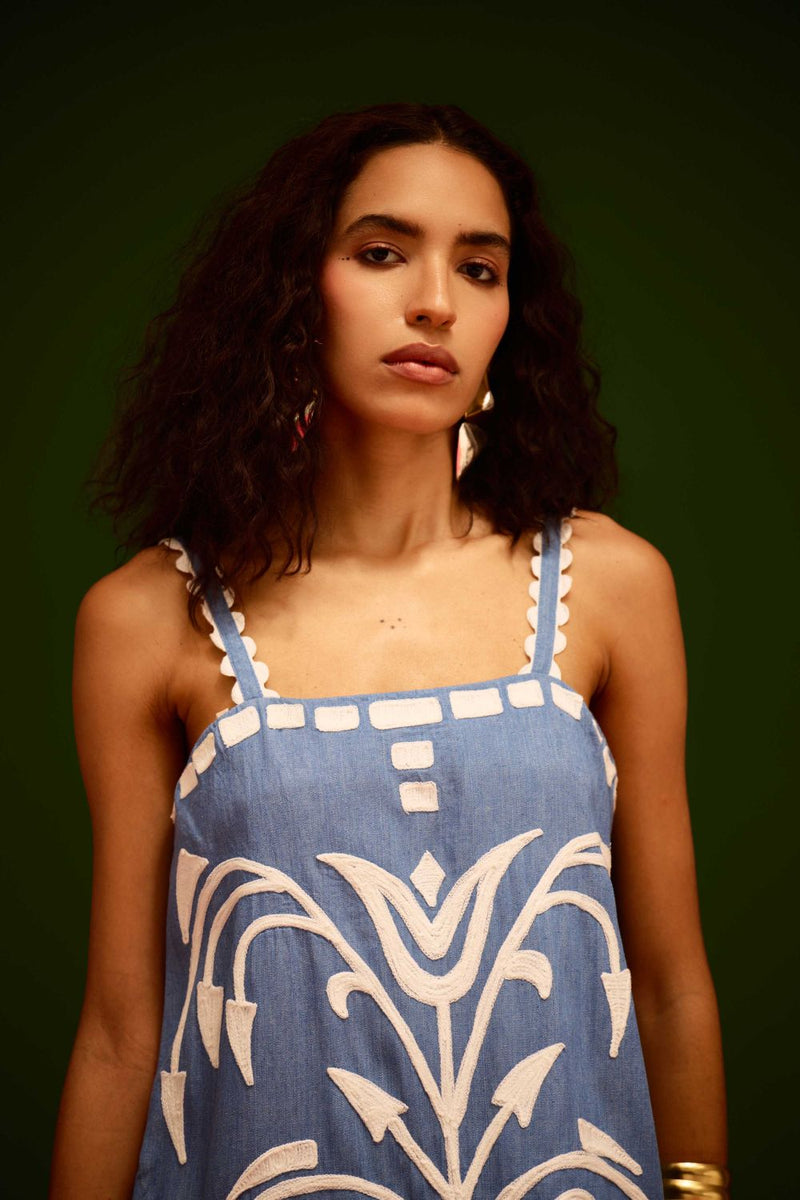 Denim Blue Strappy Cotton Shift Dress With Ivory Garden Thread Embroidery Buy Denim Blue Strappy Cotton Shift Dress With Ivory Garden Thread Embroidery from C&W | Dresses for Women by Indian Summer Story in blue color for women in Singapore