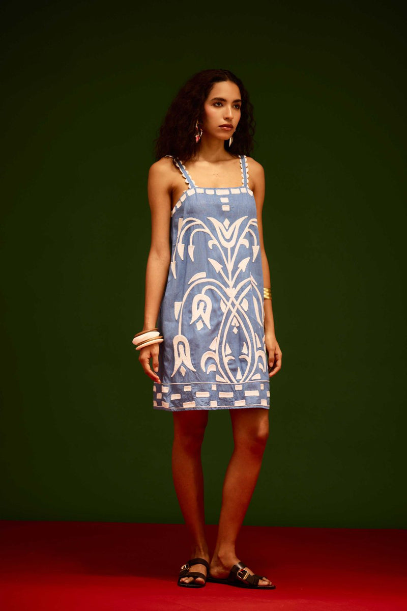 Denim Blue Strappy Cotton Shift Dress With Ivory Garden Thread Embroidery Buy Denim Blue Strappy Cotton Shift Dress With Ivory Garden Thread Embroidery from C&W | Dresses for Women by Indian Summer Story in blue color for women in Singapore