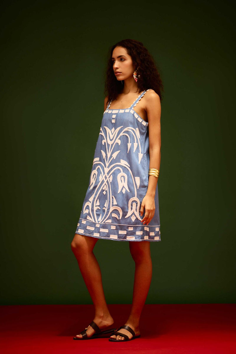 Denim Blue Strappy Cotton Shift Dress With Ivory Garden Thread Embroidery Buy Denim Blue Strappy Cotton Shift Dress With Ivory Garden Thread Embroidery from C&W | Dresses for Women by Indian Summer Story in blue color for women in Singapore